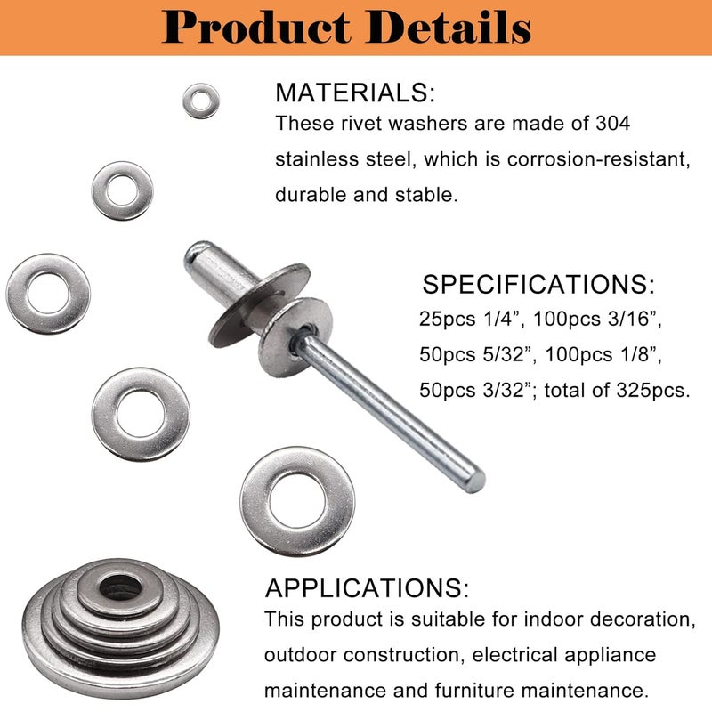 Sunxeke 325pcs Stainless Steel Washers for Blind Pop Rivets Assortment Kit, Backup Rivet Washers Diameter 3/32 inch 1/8inch 5/32inch 3/16inch 1/4inch - Image 4